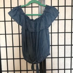 Off the shoulder soft jean shirt